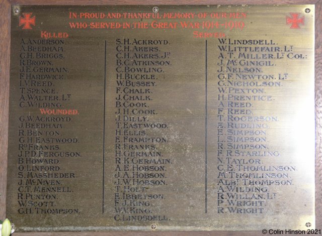 The World War I Roll of Honour in St. Giles Church, Copmanthorpe.