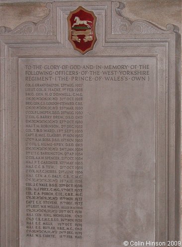 The World War I Memorial Plaque to the Officers of the West Yorks Regiment in York Minster.