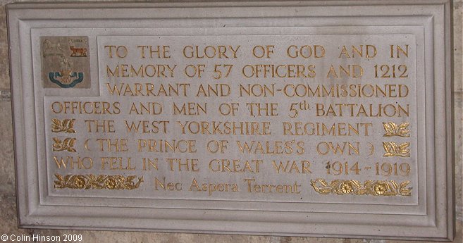 The World War I Memorial plaque to the Officers and Men of the West Yorks Regiment in York Minster.