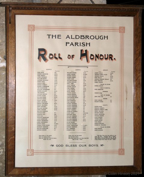 The WWI Roll of Honour in St. Bartholomew's Church, Aldbrough.