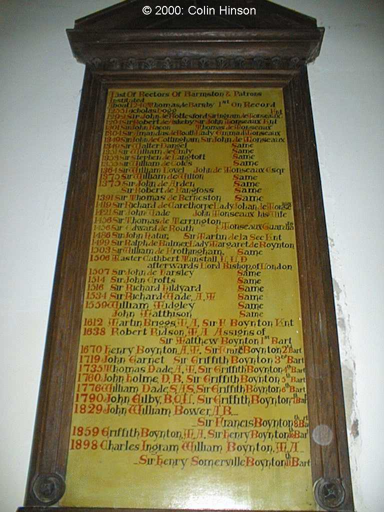 The list of Barmston Rectors and Patrons, 1240 to 1898 in the Church.