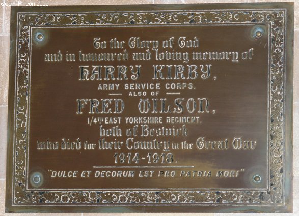 The World War I Memorial plaque in St. Margaret's Church, Beswick.