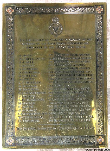 The World War I Memorial Plaque for Members of the East Riding Constabulary, in St. Mary's Church, Beverley.