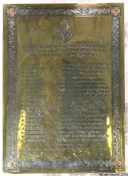 The World War I Memorial plaque for Members of the East Riding Constabulary, in St. Mary's Church, Beverley.