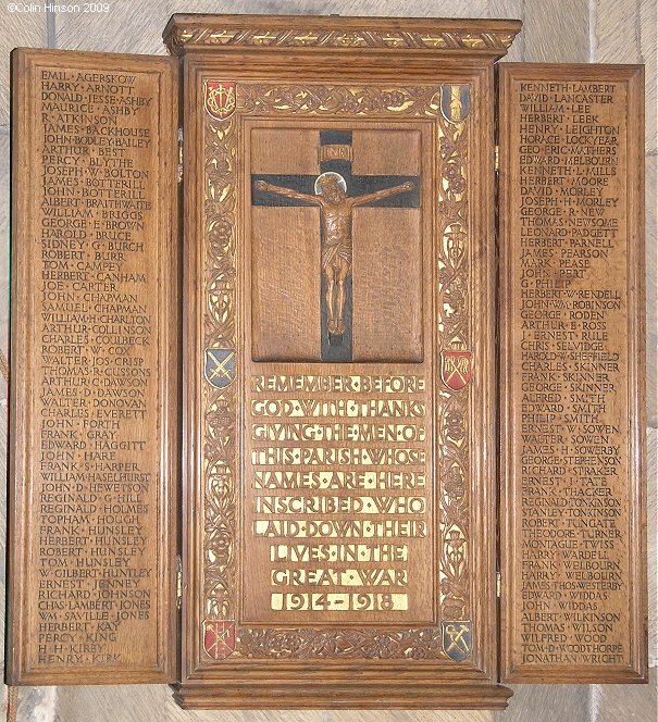 The World War I Memorial plaque in St. Mary's Church, Beverley.
