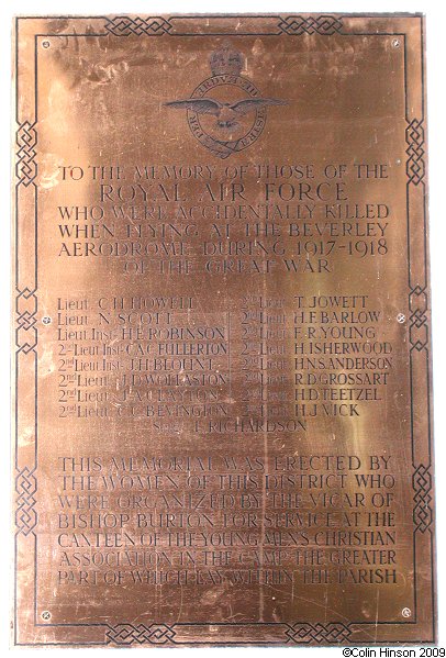 The World War I Memorial plaque in All Saints Church for RAF personnel accidently killed.