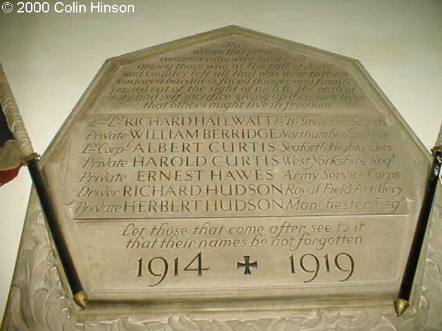 The 1914-1919 Memorial plaque in Bishop Burton Church.