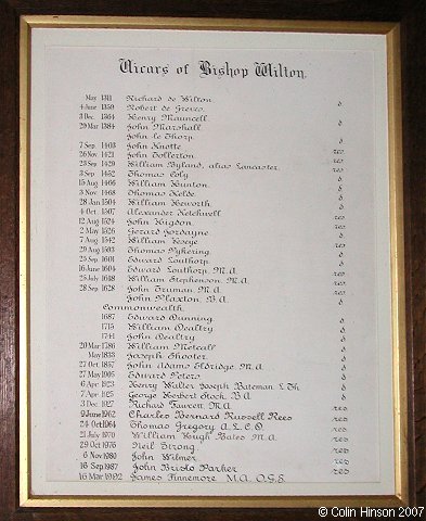 The List of Vicars in St. Edith's Church, Bishop Wilton.