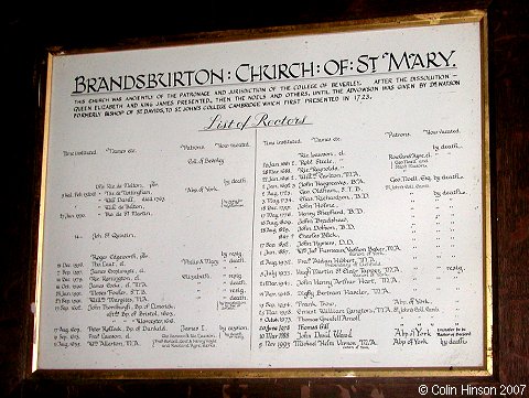 The List of Rectors in St. Mary's Church, Brandesburton.