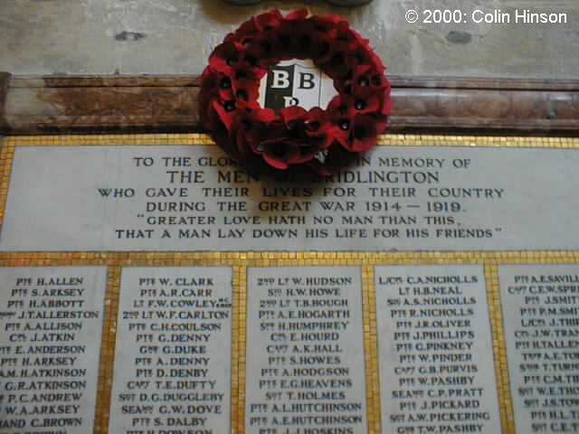 The 1914-18 Memorial plaque in Priory (St. Mary's) Church, Bridlington Old Town.