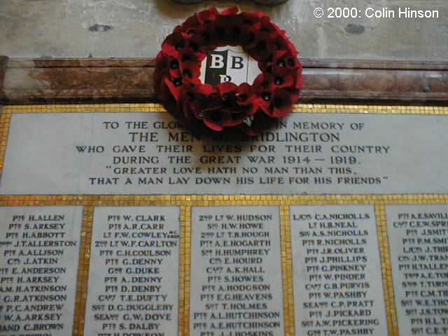 The 1914-18 Memorial plaque in Priory (St. Mary's) Church, Bridlington Old Town.