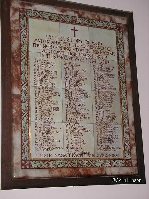 The 1914-18 War Memorial plaque on the wall in Christ Church.