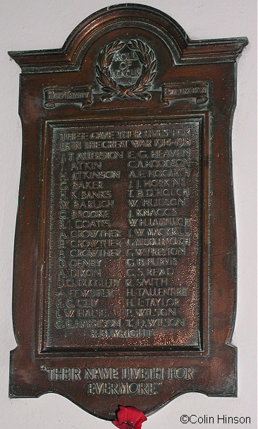 The 1914-18 War Memorial plaque on the wall in Trinity Church.