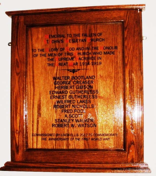 The 1914-1919 Memorial Plaque for St. John's Wesleyan Church, Bridlington.