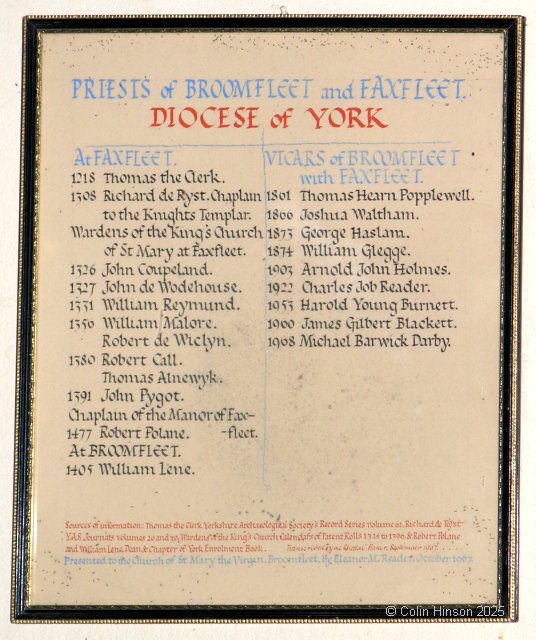 Photograph of the List of Vicars on the plaque in St. Mary's Church, Broomfleet.
