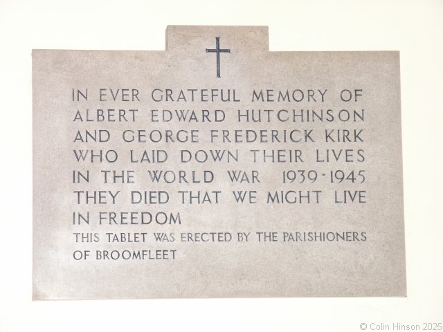 Photograph of the WWII Memorial plaque in St Mary's Church, Broomfleet.