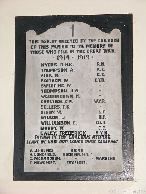Photograph of the WWI Memorial plaque in St Mary's Church, Broomfleet.