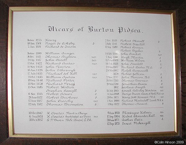 The List of Vicars in St. Peter's Church, Burton Pidsea.