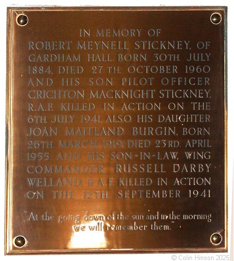 Photograph of the WWII Stickney Memorial plaque in St. Michael's Church at Cherry Burton.