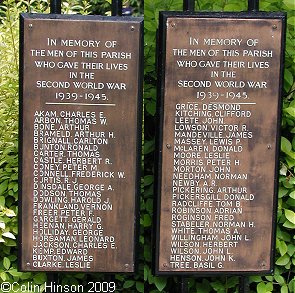 The War Memorial Plaques for World War II on the gates of the Memorial Park, Cottingham.