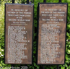The War Memorial plaques for World War II on the gates of the Memorial Park, Cottingham.