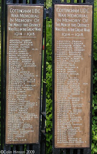 The War Memorial plaques for World War I on the gates of the Memorial Park, Cottingham.