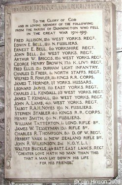The World War I Memorial plaque in the Church at Dunnington.
