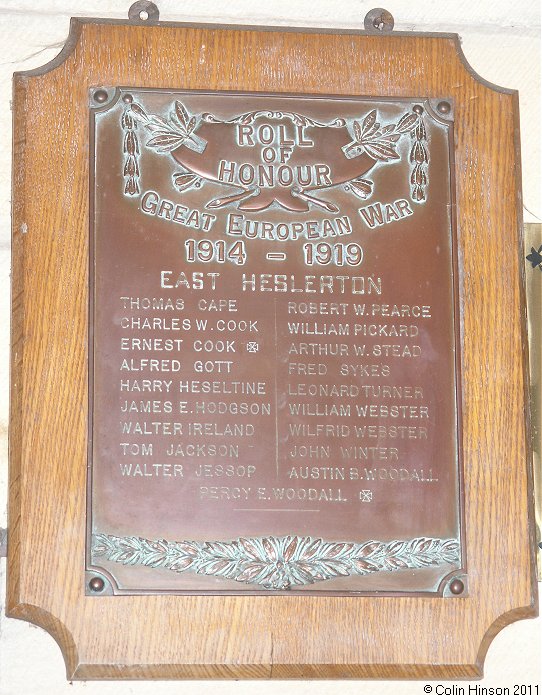 The World War I Roll of Honour in St. Andrew's Church, East Heslerton.