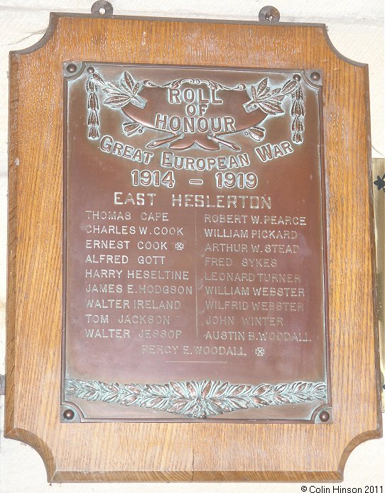 The World War I Roll of Honour in St. Andrew's Church, East Heslerton.