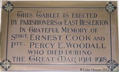 The World War I Memorial plaque in St. Andrew's Church, East Heslerton.