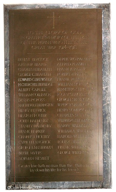 The War Memorial plaque in St. Mary's Church, Ellougton.