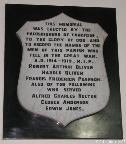 The Memorial plaque in St. Martin's Church, Fangfoss.
