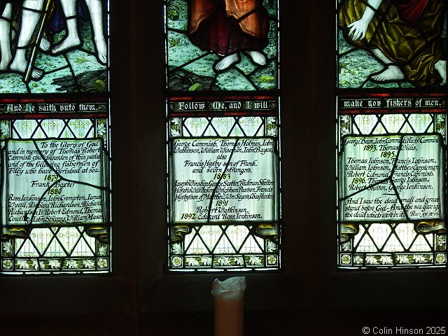 The List of Fisherman who perished at sea (1879-1896) on a window in St. Oswald's church.