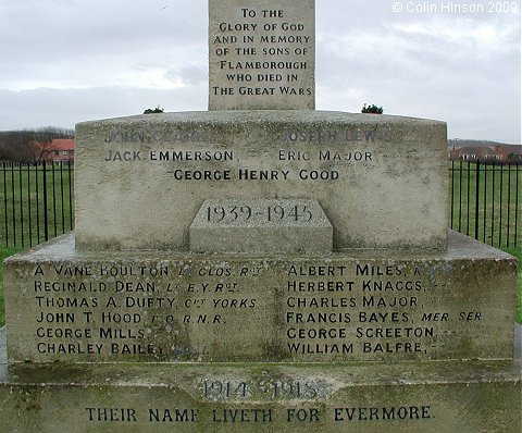 The World War I and II War Memorial in front of the castle at Flamborough.