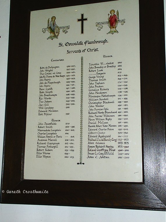 Photograph of the List of Vicars at Flamborough in St. Oswald's Church.