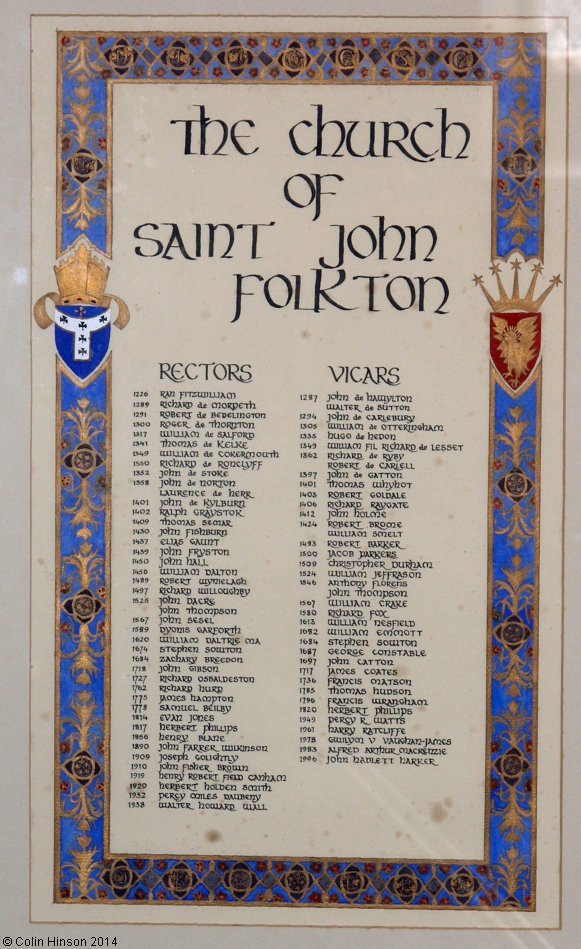 The List of the Rectors and Vicars in St. John's church, Folkton.