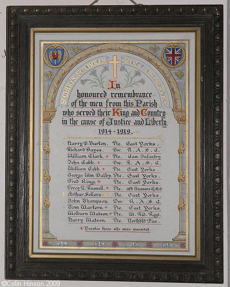 The Roll of Honour for WWI in St. Mary's Church, Foxholes.