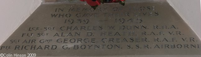 The Memorial plaque for WWII in St. Mary's Church, Foxholes.