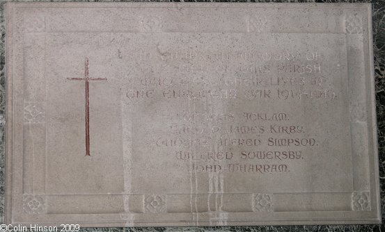 The Memorial plaque in St. Mary's Church, Fridaythorpe.