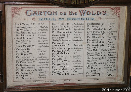 The Roll of Honour for WWI in St. Michael's Church, Garton on the Wolds.
