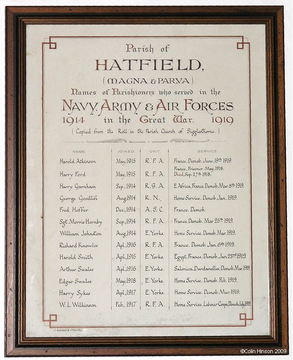 The World War I Roll of Honour in St. Giles Church, Goxhill