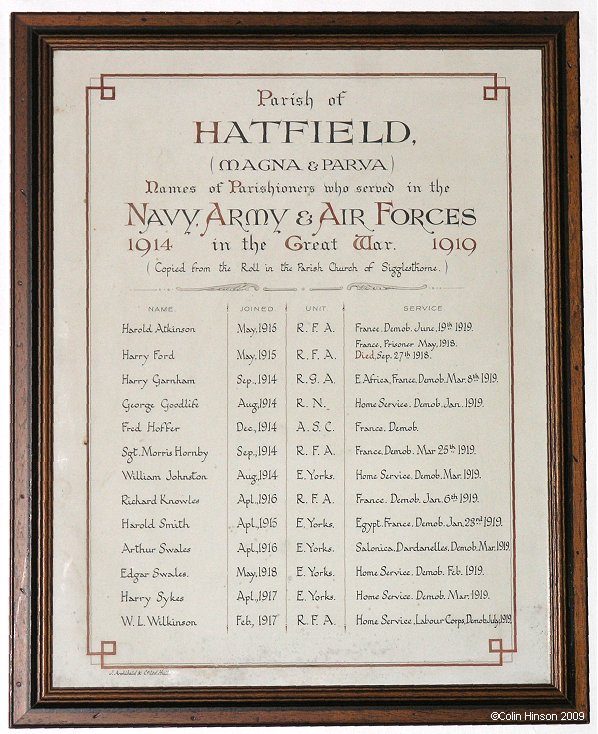 The World War I Roll of Honour in St. Giles Church, Goxhill