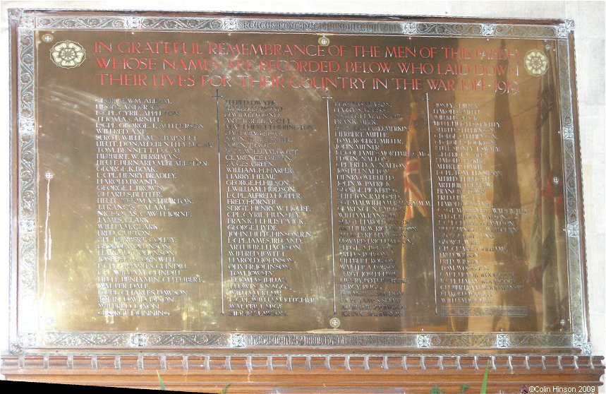 The World War I Memorial plaque in All Saints Church, Driffield