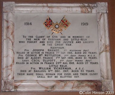 The World War I Memorial Plaque in St. John's Church, Harpham.