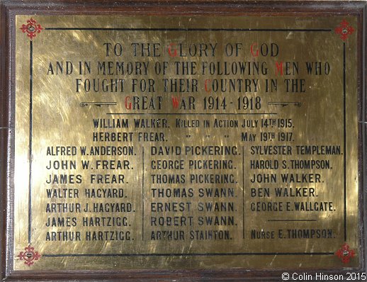 The First World War Memorial plaque in St. Martin's Church, Hayton.