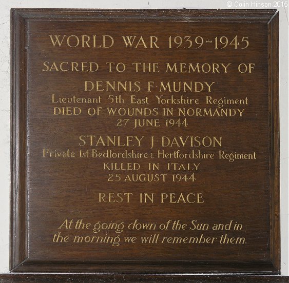 The Second World War Memorial plaque in St. Martin's Church, Hayton.