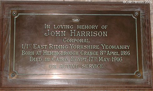 The World War I Memorial Plaque to John Harrison in St. Mary's Church, Hemingbrough.