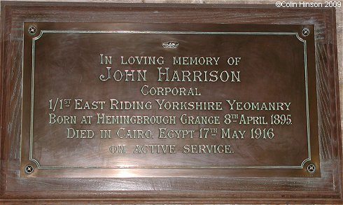 The World War I Memorial plaque to John Harrison in St. Mary's Church, Hemingbrough.