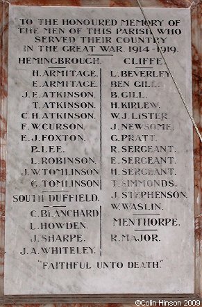 The World War I Memorial plaque in St. Mary's Church, Hemingbrough.