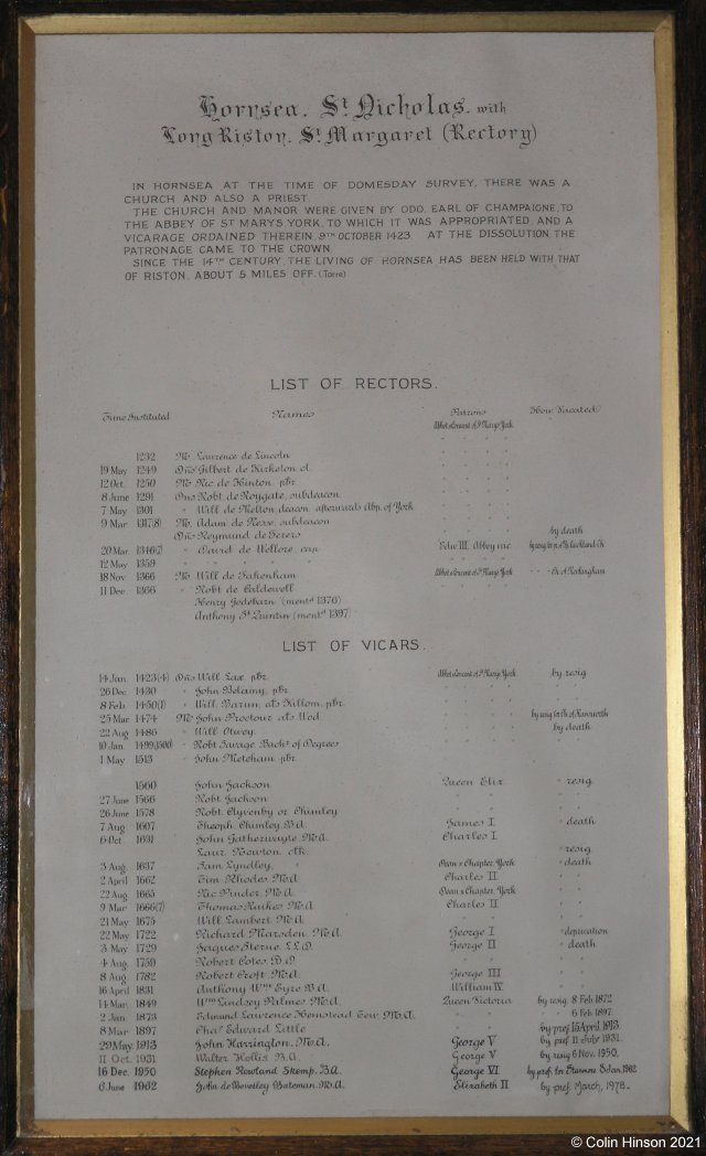 The List of Rectors and Vicars in Hornsea church.